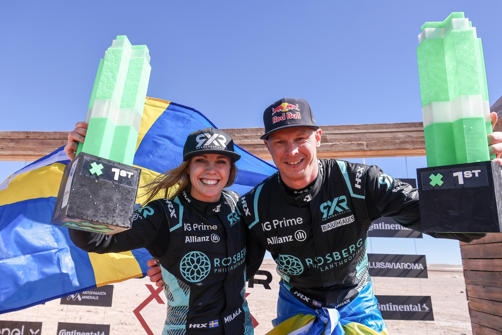 DECEMBER 03: Mikaela Ahlin-Kottulinsky (SWE) / Johan Kristoffersson (SWE), Rosberg X Racing, 1st position, on the championship podium during the Copper X-Prix, Chile on December 03, 2023. (Photo by Colin McMaster / LAT Images)