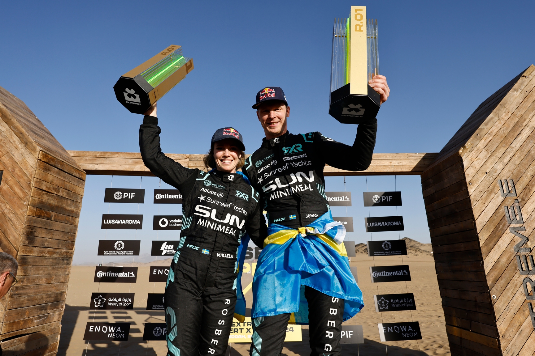 FEBRUARY 17: Mikaela Ahlin-Kottulinsky (SWE) / Johan Kristoffersson (SWE), Rosberg X Racing celebrate , 1st position during the Saudi Arabia on February 17, 2024. (Photo by Andrew Ferraro / LAT Images)