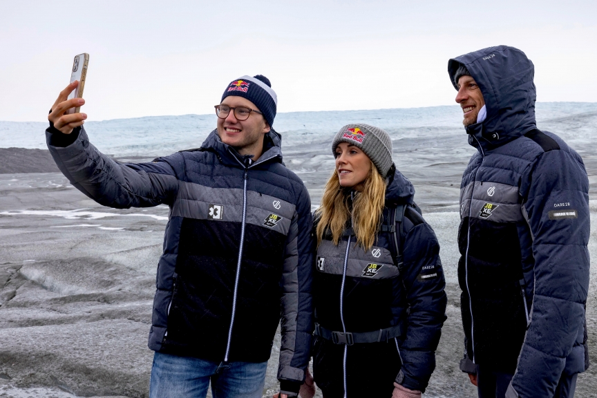 KANGERLUSSUAQ, GREENLAND - AUGUST 25: Timmy Hansen (SWE), Andretti United Extreme E, Mikaela Ahlin-Kottulinsky (SWE), JBXE Extreme-E Team, and Jenson Button (GBR), JBXE Extreme-E Team, on the Russell Glacier during the Arctic X-Prix at Kangerlussuaq on August 25, 2021 in Kangerlussuaq, Greenland. (Photo by Colin McMaster)
